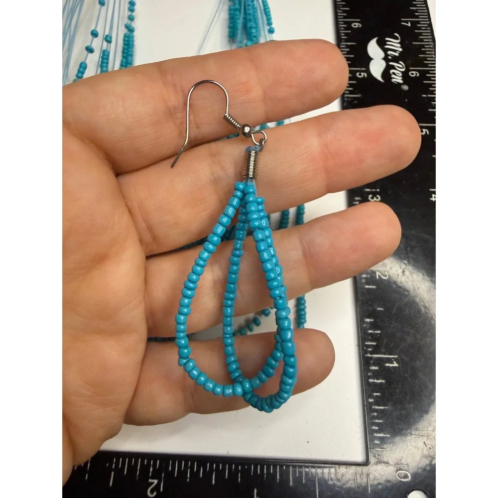 Turquoise Blue Multi Strand Seed Bead Necklace and Earring Set Boho Statement